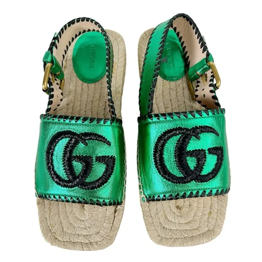GUCCI Pilar Embroidered Double G Slingback Metallic Green Espadrille Sandals - Picture 2 of 11